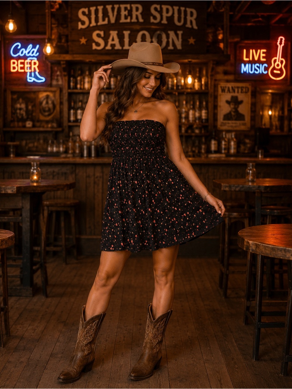 Black Floral Smocked Dress